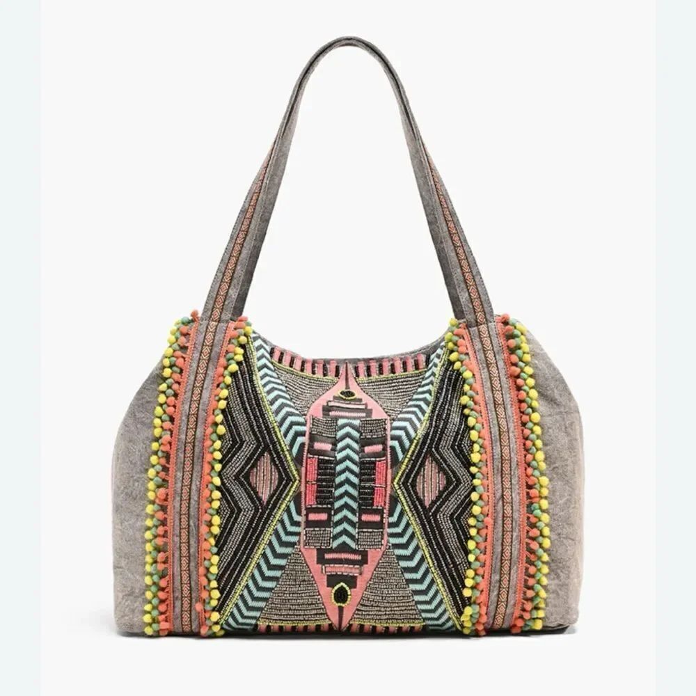 America & Beyond GARGOYLE EMBELLISHED GRAY HAND BEADED TOTE